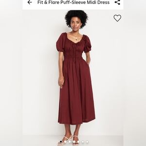 Old Navy Fit & Flare Burgundy Maroon Puff Sleeve Cotton Midi Dress NWT - S